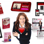 A woman standing in front of various business items.