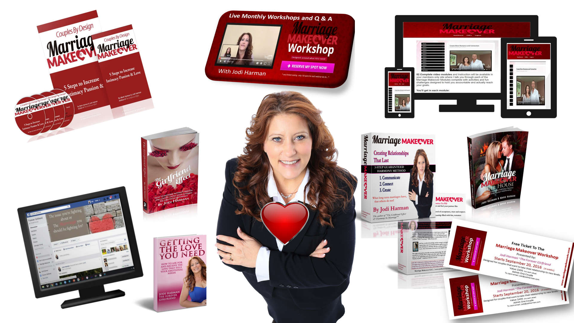 A woman standing in front of various business items.